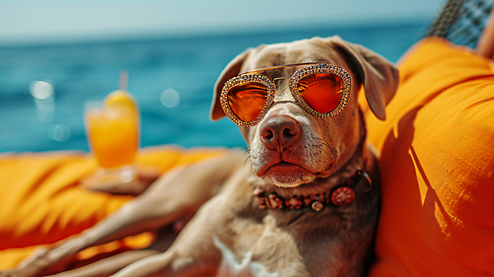 JPG 편집이미지 한마리 행복 음료 바다 여행 휴가 휴식 잔 사람없음 여름휴가 바캉스 선글라스 강아지 호캉스 편집실사 펫캉스 AI포토 AI콘텐츠 1 식기 감정 안경 컨셉 반려동물 개 CG 파일형식 여름_계절
