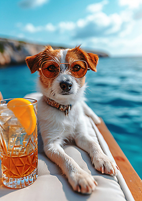 JPG 편집이미지 한마리 행복 음료 바다 여행 휴가 휴식 잔 사람없음 여름휴가 바캉스 강아지 호캉스 편집실사 펫캉스 AI포토 AI콘텐츠 1 식기 감정 컨셉 반려동물 개 CG 파일형식 여름_계절