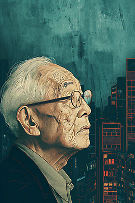 JPG 할아버지 노년 남자 일러스트 한명 빌딩 상반신 도시 실버 고독 저녁 사회이슈 고령화 독거노인 노인남자한명만 안경낌 국내일러스트 AI일러스트 AI콘텐츠 1 감정 안경 컨셉 사람 성인 건물 야간 남자한명만 노인남자만 파일형식