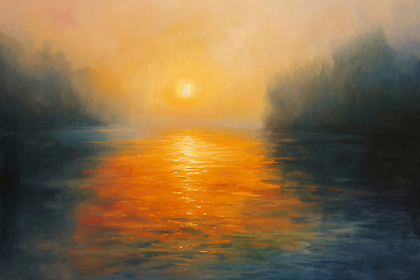 JPG 호수 백그라운드 일러스트 하늘 아침 풍경 사람없음 태양 일출 노을 빈티지 질감 유화 국내일러스트 AI일러스트 AI콘텐츠 주간 자연요소 컨셉 미술 파일형식