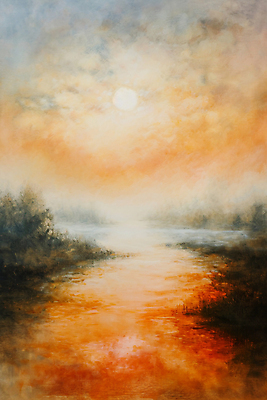 JPG 호수 백그라운드 일러스트 하늘 아침 풍경 사람없음 태양 일출 노을 빈티지 질감 유화 국내일러스트 AI일러스트 AI콘텐츠 주간 자연요소 컨셉 미술 파일형식