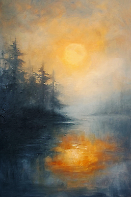 JPG 호수 백그라운드 일러스트 하늘 아침 풍경 사람없음 태양 일출 노을 빈티지 질감 유화 국내일러스트 AI일러스트 AI콘텐츠 주간 자연요소 컨셉 미술 파일형식