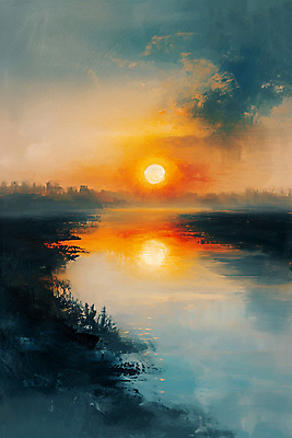 JPG 호수 백그라운드 일러스트 하늘 아침 풍경 사람없음 태양 일출 노을 빈티지 질감 유화 국내일러스트 AI일러스트 AI콘텐츠 주간 자연요소 컨셉 미술 파일형식