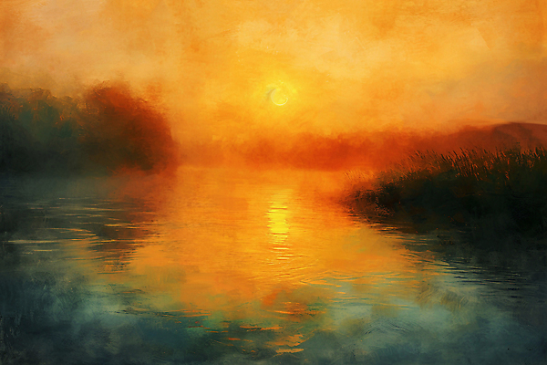 JPG 호수 백그라운드 일러스트 하늘 아침 풍경 사람없음 태양 일출 노을 빈티지 질감 유화 국내일러스트 AI일러스트 AI콘텐츠 주간 자연요소 컨셉 미술 파일형식
