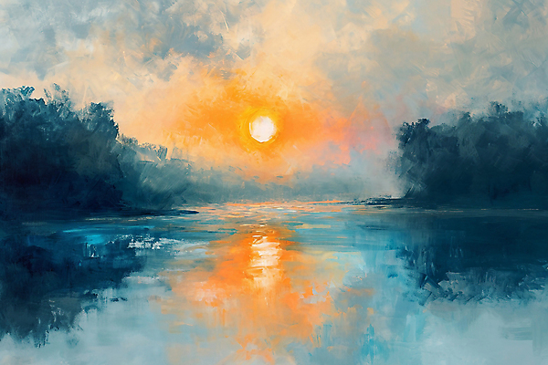 JPG 호수 백그라운드 일러스트 하늘 아침 풍경 사람없음 태양 일출 노을 빈티지 질감 유화 국내일러스트 AI일러스트 AI콘텐츠 주간 자연요소 컨셉 미술 파일형식