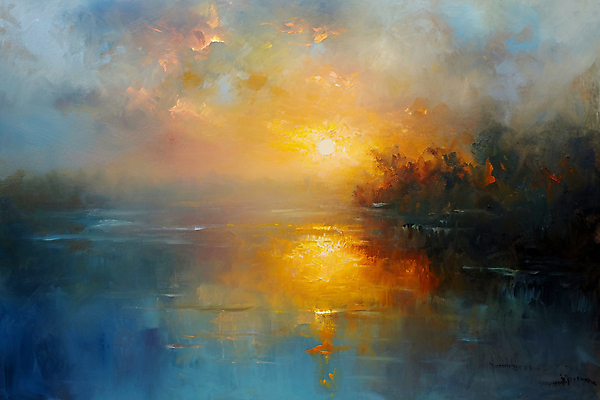 JPG 호수 백그라운드 일러스트 하늘 아침 풍경 사람없음 태양 일출 노을 빈티지 질감 유화 국내일러스트 AI일러스트 AI콘텐츠 주간 자연요소 컨셉 미술 파일형식