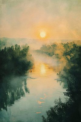 JPG 호수 백그라운드 일러스트 하늘 아침 풍경 사람없음 태양 일출 노을 빈티지 질감 유화 국내일러스트 AI일러스트 AI콘텐츠 주간 자연요소 컨셉 미술 파일형식