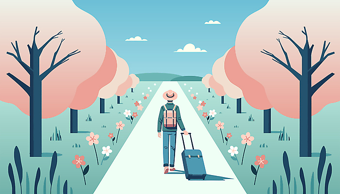 전신 구름 캐릭터 모자 남자 여행 가방 일러스트 자연 하늘 산 한명 풍경 초원 성인 여행객 캐리어 봄 벚나무 성인남자한명만 국내일러스트 일러캐릭터 AI파일 자연요소 나무 1 잡화 계절 사람 여행가방 벚꽃 생태계 남자한명만 성인남자만 파일형식 벡터