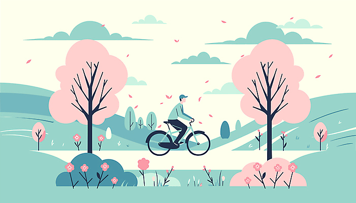 전신 구름 캐릭터 남자 꽃잎 여행 일러스트 자연 하늘 산 한명 풍경 성인 자전거 봄 벚나무 민트색 성인남자한명만 국내일러스트 일러캐릭터 AI파일 자연요소 나무 1 계절 꽃 컬러 사람 바이크 벚꽃 생태계 남자한명만 성인남자만 파일형식 벡터