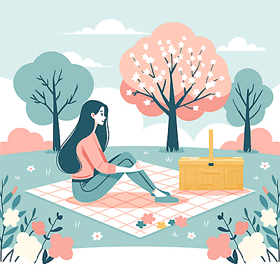 전신 구름 캐릭터 여자 꽃잎 분홍색 여행 일러스트 자연 하늘 한명 앉기 풍경 잔디 초원 성인 소풍 바구니 봄 벚나무 돗자리 민트색 성인여자한명만 국내일러스트 일러캐릭터 AI파일 자연요소 나무 식물 1 계절 꽃 컬러 모션 사람 야외활동 벚꽃 생태계 여자한명만 성인여자만 파일형식 벡터