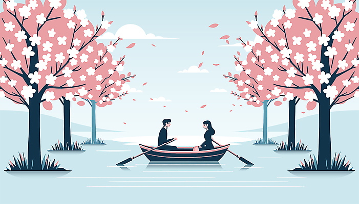 전신 구름 캐릭터 커플 여자 남자 물결 여행 하늘색 데이트 일러스트 자연 하늘 산 풍경 성인 두명 물 봄 벚나무 나룻배 성인만 국내일러스트 일러캐릭터 AI파일 자연요소 나무 계절 배_교통 관계 사람 파란색 벚꽃 생태계 파일형식 벡터