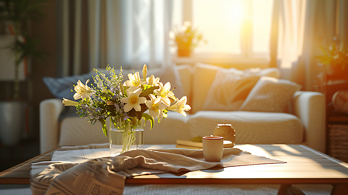 JPG 편집이미지 꽃 쿠션 거실 창문 주택 실내 사람없음 책 컵 인테리어 소파 햇빛 꽃병 커튼 천 디지털합성 편집실사 AI포토 AI콘텐츠 식물 식기 디자인 의자 내부 건물 태양 직물 CG 파일형식