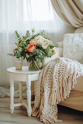 JPG 편집이미지 꽃 쿠션 거실 탁자 잔 주택 실내 사람없음 인테리어 소파 꽃병 담요 디지털합성 편집실사 AI포토 AI콘텐츠 식물 식기 디자인 가구 의자 내부 건물 CG 파일형식