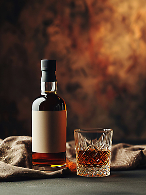 JPG 편집이미지 잔 사람없음 갈색 병 천 디지털합성 양주 위스키 편집실사 AI포토 AI콘텐츠 식기 컬러 주류 직물 CG 파일형식