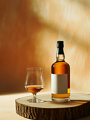 JPG 편집이미지 잔 사람없음 목재 갈색 병 디지털합성 양주 나무받침 위스키 편집실사 AI포토 AI콘텐츠 나무 식기 컬러 재료 주류 받침대 CG 파일형식