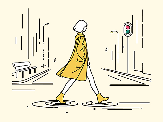 전신 여자 길 벤치 일러스트 거리 장화 한명 성인 노란색 걷기 비 신호등 라인아트 외출 우비 성인여자한명만 국내일러스트 AI파일 자연요소 1 옷 선 컬러 신발 의자 모션 날씨 사람 여자한명만 성인여자만 파일형식 벡터