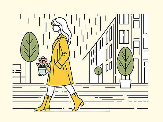 전신 여자 꽃 화분 일러스트 장화 한명 들기 성인 건물 노란색 걷기 비 라인아트 외출 우비 성인여자한명만 국내일러스트 AI파일 자연요소 식물 1 건축물 옷 선 컬러 신발 모션 날씨 사람 여자한명만 성인여자만 파일형식 벡터