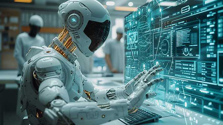 JPG 편집이미지 사람없음 사무실 스크린 타이핑 업무 스마트 로봇 산업화 자동화 휴머노이드 AI_인공지능 이미지편집 편집실사 AI컴퓨터그래픽 AI콘텐츠 컨셉 비즈니스 작업 CG 파일형식