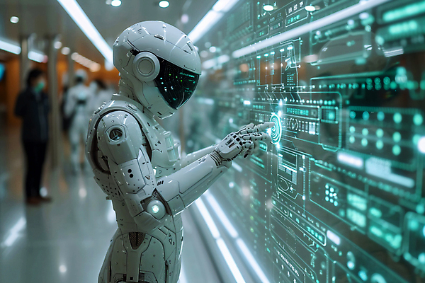 JPG 편집이미지 사람없음 사무실 스크린 터치 업무 스마트 로봇 산업화 자동화 휴머노이드 AI_인공지능 이미지편집 편집실사 AI컴퓨터그래픽 AI콘텐츠 컨셉 비즈니스 작업 CG 파일형식