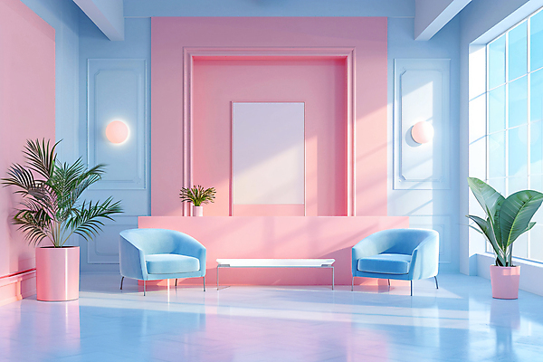 JPG 편집이미지 화분 화초 분홍색 하늘색 의자 창문 탁자 사람없음 인테리어 유행 공간 분위기 미니멀 편집실사 AI포토 AI콘텐츠 식물 디자인 컬러 가구 컨셉 파란색 CG 파일형식