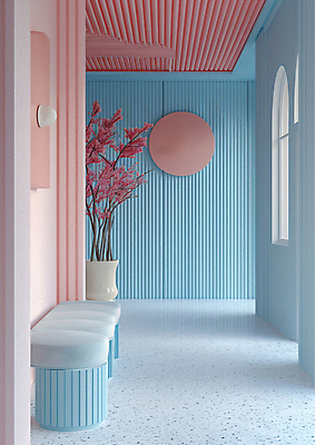 JPG 편집이미지 화분 화초 분홍색 하늘색 의자 창문 사람없음 인테리어 유행 공간 분위기 미니멀 편집실사 AI포토 AI콘텐츠 식물 디자인 컬러 가구 컨셉 파란색 CG 파일형식