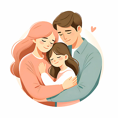 JPG 여자 남자 행복 어린이 일러스트 가족 포옹 사랑 소녀 상반신 성인 세명 화목 다정 하트 포근함 국내일러스트 AI일러스트 AI콘텐츠 모양 감정 컨셉 관계 안기 사람 감각 파일형식