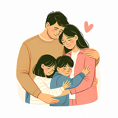 JPG 여자 남자 행복 어린이 일러스트 가족 포옹 사랑 소녀 소년 여러명 상반신 성인 화목 다정 하트 포근함 국내일러스트 AI일러스트 AI콘텐츠 모양 감정 다수 컨셉 관계 안기 사람 감각 파일형식