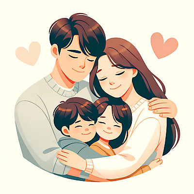 JPG 여자 남자 행복 어린이 일러스트 가족 포옹 사랑 소녀 소년 여러명 상반신 성인 화목 다정 하트 포근함 국내일러스트 AI일러스트 AI콘텐츠 모양 감정 다수 컨셉 관계 안기 사람 감각 파일형식