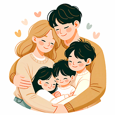 JPG 여자 남자 행복 어린이 일러스트 가족 포옹 사랑 소녀 소년 여러명 상반신 성인 화목 다정 하트 포근함 국내일러스트 AI일러스트 AI콘텐츠 모양 감정 다수 컨셉 관계 안기 사람 감각 파일형식