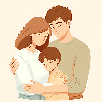 JPG 여자 남자 행복 어린이 일러스트 가족 포옹 사랑 소년 상반신 성인 세명 화목 다정 하트 포근함 국내일러스트 AI일러스트 AI콘텐츠 모양 감정 컨셉 관계 안기 사람 감각 파일형식