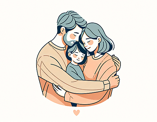 JPG 여자 남자 행복 어린이 일러스트 가족 포옹 사랑 소녀 상반신 성인 세명 화목 다정 하트 포근함 국내일러스트 AI일러스트 AI콘텐츠 모양 감정 컨셉 관계 안기 사람 감각 파일형식