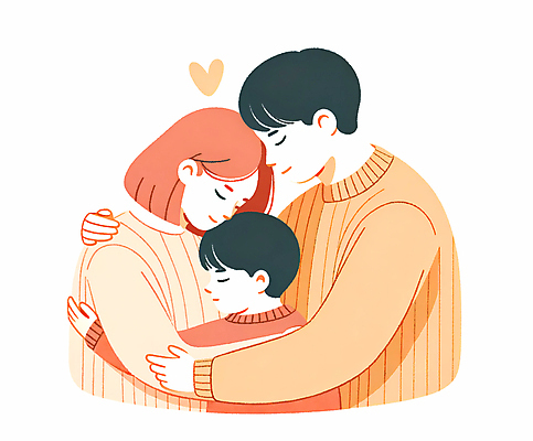 JPG 여자 남자 행복 어린이 일러스트 가족 포옹 사랑 소년 상반신 성인 세명 화목 다정 하트 포근함 국내일러스트 AI일러스트 AI콘텐츠 모양 감정 컨셉 관계 안기 사람 감각 파일형식