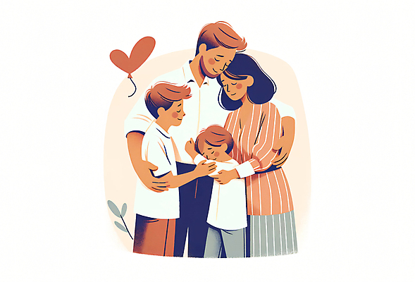 JPG 여자 남자 행복 어린이 일러스트 가족 포옹 사랑 소녀 소년 여러명 성인 화목 다정 하트 포근함 국내일러스트 AI일러스트 AI콘텐츠 모양 감정 다수 컨셉 관계 안기 사람 감각 파일형식