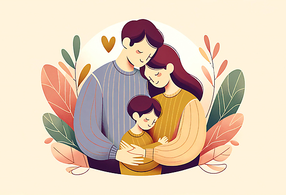 JPG 여자 남자 행복 어린이 일러스트 가족 포옹 사랑 소년 상반신 성인 세명 화목 다정 하트 포근함 국내일러스트 AI일러스트 AI콘텐츠 모양 감정 컨셉 관계 안기 사람 감각 파일형식