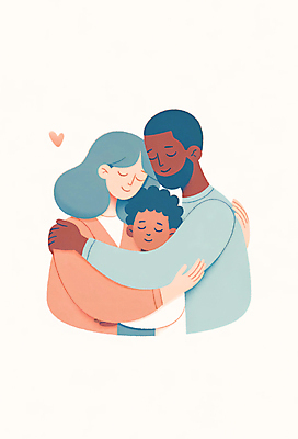 JPG 여자 남자 행복 어린이 일러스트 가족 포옹 사랑 소년 상반신 성인 세명 화목 다정 하트 포근함 국내일러스트 AI일러스트 AI콘텐츠 모양 감정 컨셉 관계 안기 사람 감각 파일형식