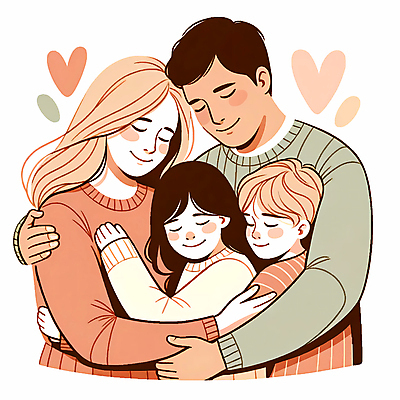 JPG 여자 남자 행복 어린이 일러스트 가족 포옹 사랑 소녀 소년 여러명 상반신 성인 화목 다정 하트 포근함 국내일러스트 AI일러스트 AI콘텐츠 모양 감정 다수 컨셉 관계 안기 사람 감각 파일형식