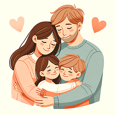 JPG 여자 남자 행복 어린이 일러스트 가족 포옹 사랑 소녀 소년 여러명 상반신 성인 화목 다정 하트 포근함 국내일러스트 AI일러스트 AI콘텐츠 모양 감정 다수 컨셉 관계 안기 사람 감각 파일형식