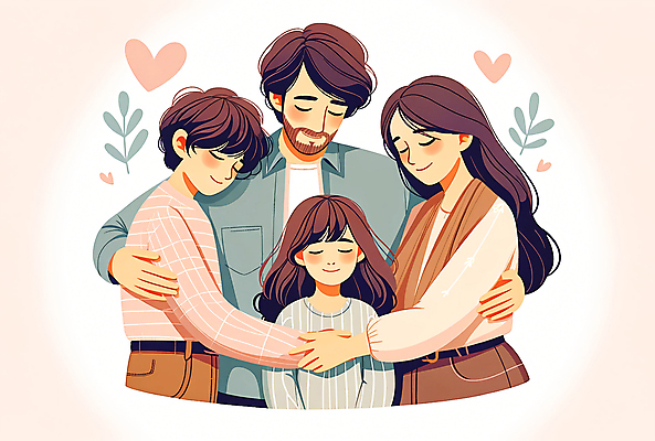 JPG 여자 남자 행복 어린이 잎 일러스트 가족 포옹 사랑 소녀 소년 여러명 상반신 성인 화목 다정 하트 포근함 국내일러스트 AI일러스트 AI콘텐츠 모양 식물 감정 다수 컨셉 관계 안기 사람 감각 파일형식