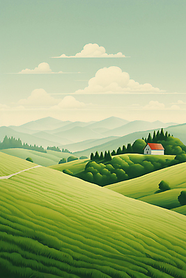 JPG 나무 구름 백그라운드 일러스트 하늘 산 주택 풍경 사람없음 풀 분위기 언덕 국내일러스트 AI일러스트 AI콘텐츠 자연요소 식물 컨셉 건물 파일형식