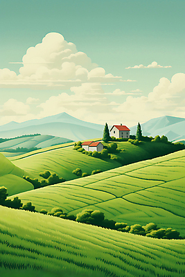 JPG 나무 구름 백그라운드 일러스트 하늘 산 주택 풍경 사람없음 풀 분위기 언덕 국내일러스트 AI일러스트 AI콘텐츠 자연요소 식물 컨셉 건물 파일형식