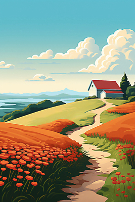 JPG 나무 구름 꽃 백그라운드 일러스트 하늘 주택 풍경 사람없음 풀 분위기 언덕 국내일러스트 AI일러스트 AI콘텐츠 자연요소 식물 컨셉 건물 파일형식