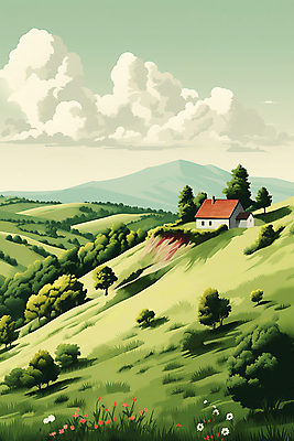 JPG 나무 구름 꽃 백그라운드 일러스트 하늘 산 주택 풍경 사람없음 풀 분위기 언덕 국내일러스트 AI일러스트 AI콘텐츠 자연요소 식물 컨셉 건물 파일형식