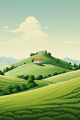 JPG 나무 구름 백그라운드 일러스트 하늘 주택 풍경 사람없음 풀 분위기 언덕 국내일러스트 AI일러스트 AI콘텐츠 자연요소 식물 컨셉 건물 파일형식
