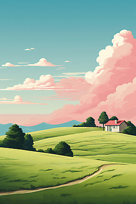 JPG 나무 구름 백그라운드 일러스트 하늘 산 주택 풍경 사람없음 풀 분위기 언덕 국내일러스트 AI일러스트 AI콘텐츠 자연요소 식물 컨셉 건물 파일형식