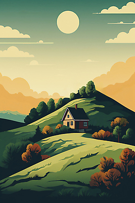 JPG 나무 구름 백그라운드 일러스트 하늘 주택 풍경 사람없음 태양 풀 분위기 언덕 국내일러스트 AI일러스트 AI콘텐츠 자연요소 식물 컨셉 건물 파일형식