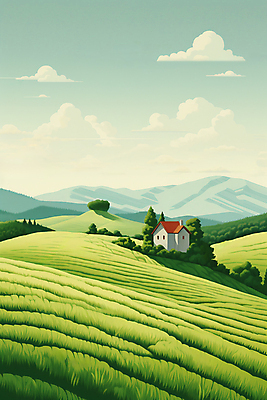 JPG 나무 구름 백그라운드 일러스트 하늘 주택 풍경 사람없음 풀 분위기 언덕 국내일러스트 AI일러스트 AI콘텐츠 자연요소 식물 컨셉 건물 파일형식