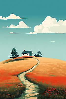 JPG 나무 구름 꽃 백그라운드 일러스트 하늘 주택 풍경 사람없음 주황색 풀 분위기 언덕 국내일러스트 AI일러스트 AI콘텐츠 자연요소 식물 컬러 컨셉 건물 파일형식