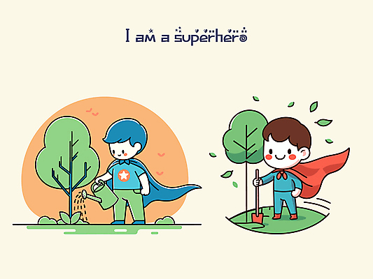 전신 나무 남자 일러스트 나뭇잎 소년 두명 자연보호 환경 그린캠페인 물뿌리개 보호 망토 식목일 물주기 영웅 나무심기 소년만 국내일러스트 AI파일 식물 기념일 어린이 캠페인 컨셉 잎 모션 자연 사람 심기 남자만 어린이만 파일형식 벡터