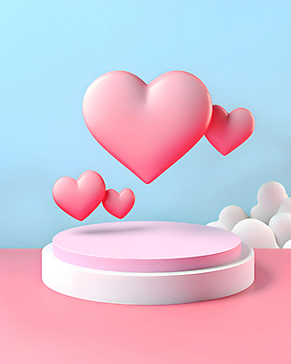 JPG 편집이미지 분홍색 하늘색 화이트데이 발렌타인데이 사랑 사람없음 3D 로맨틱 하트 입체 디지털합성 단상 포디움 편집3D AI컴퓨터그래픽 AI콘텐츠 모양 감정 컬러 컨셉 데이이벤트 파란색 무대 파일형식