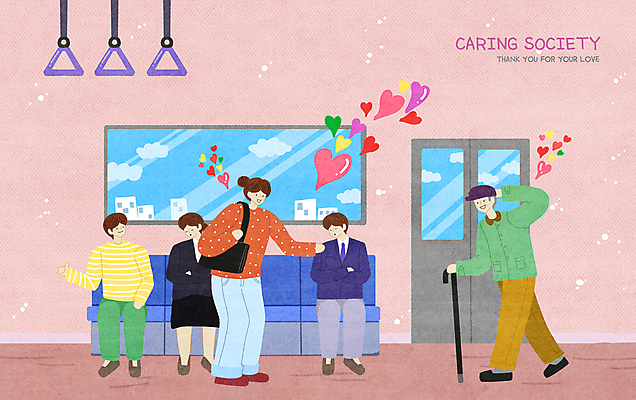 전신 PSD 여자 노년 남자 일러스트 창문 청소년 지팡이 여러명 성인 문 전철 양보 돌봄 버스손잡이 국내일러스트 육상교통 다수 모션 대중교통 손잡이 사람 배려 파일형식
